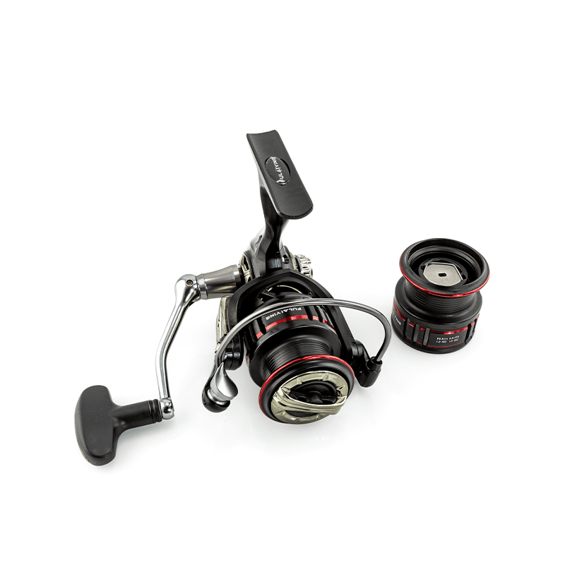 FISHKOOL dual spool spinning fishing reel matte black with red accents
